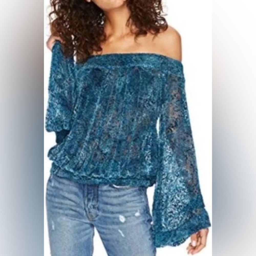 Free People | Ginger Berry Sheer Velvet Burnout Off-Shoulder Top-Teal- Boho Chic